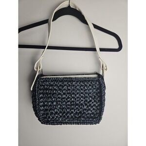 Vintage Adoria Japan Navy Raffia Woven  White‎ Vinyl Strap Shoulder Bag Purse
